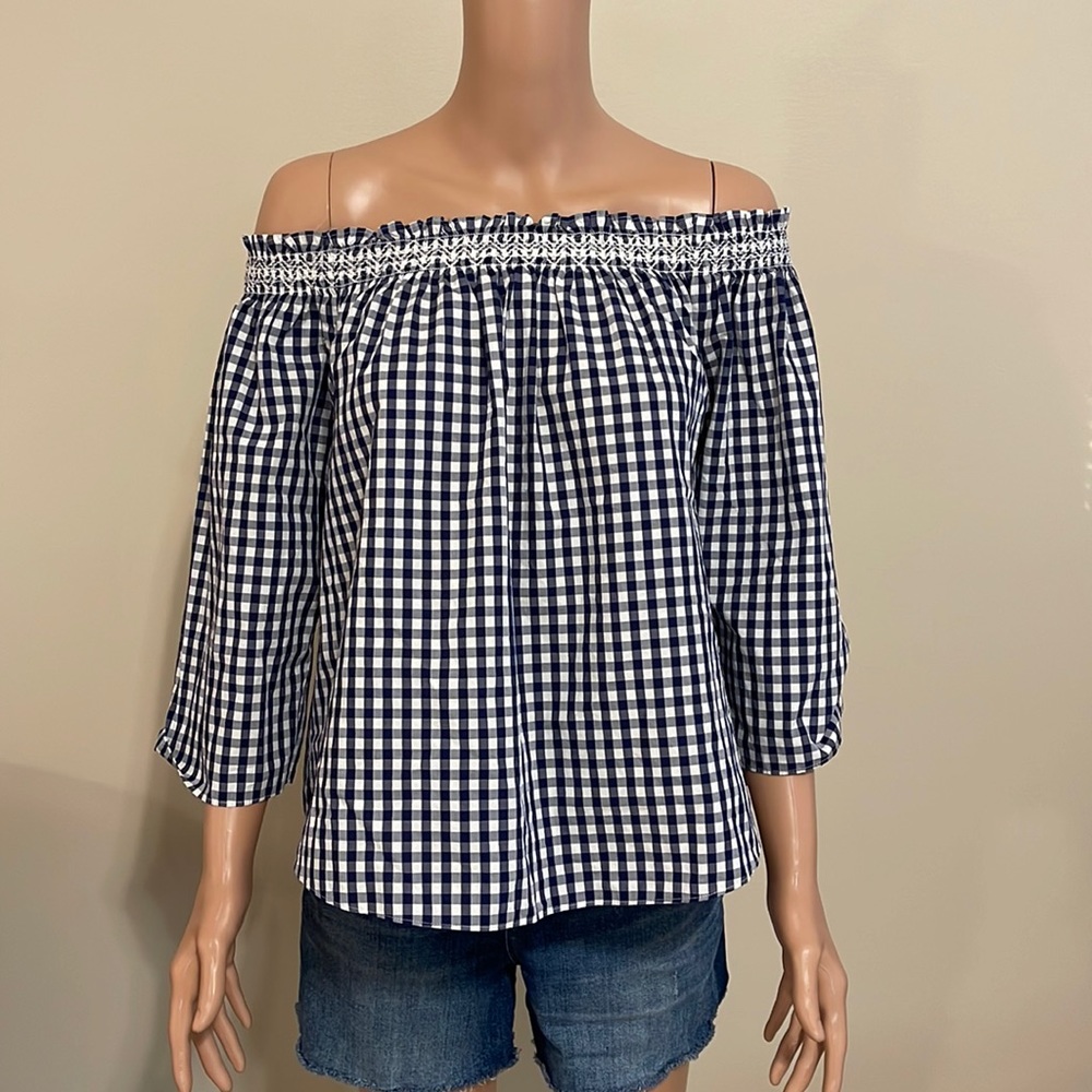 NWT Madewell blue white gingham off shoulder top size M
